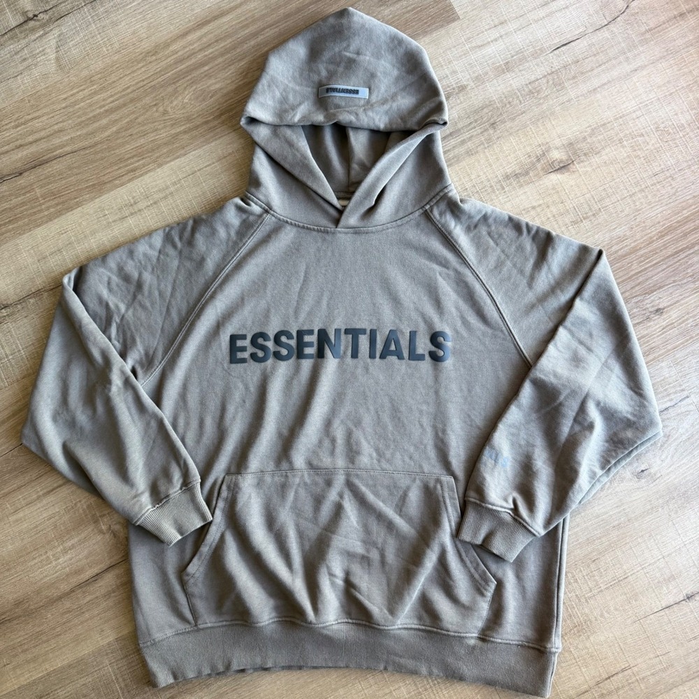 Fear of God Essentials Hoodie Mens Small Taupe Brown Logo Pullover Sweatshirt